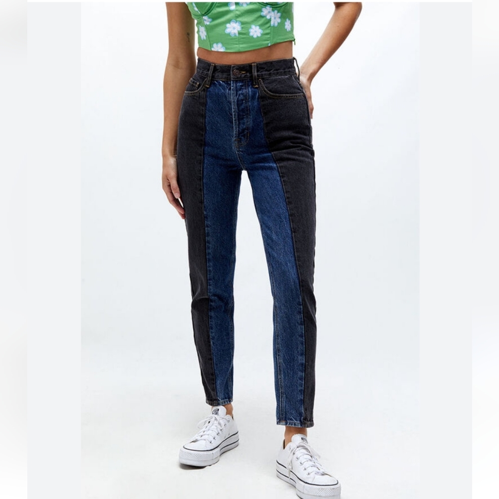 Pacsun Mixed Media Colorblock Denim High Rise Mom Alim Straight Button Front 27